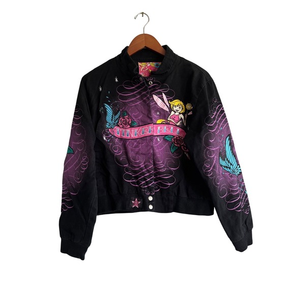 JH Design Tinker Bell Jacket Embroidered Graphic Y2K Cropped Black Womens‎ - Picture 1 of 12